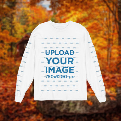 Long Sleeve Tee Mockup Featuring a Fall-Themed Background m1104