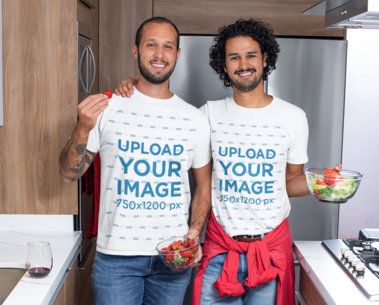 T-Shirt Mockup of Two Men Having an Indoor Date