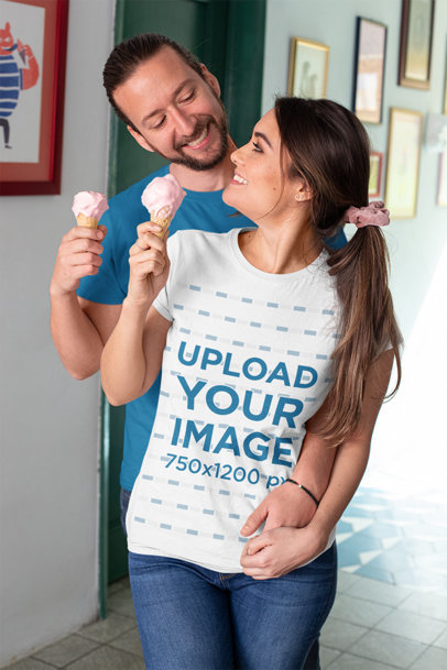 T-Shirt Mockup Featuring a Couple Eating Ice Cream at Home