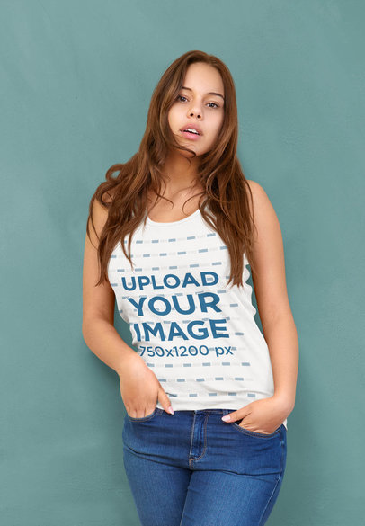 Tank Top Mockup of a Long-Haired Woman Posing Against a Plain Background
