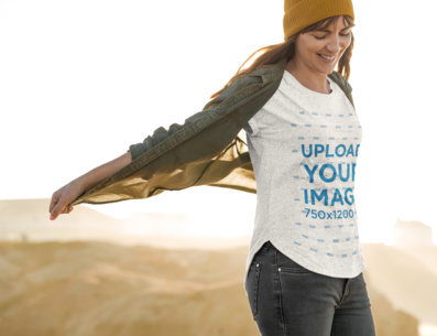 Round-Neck Tee Mockup Featuring a Woman at the Top of a Cliff 