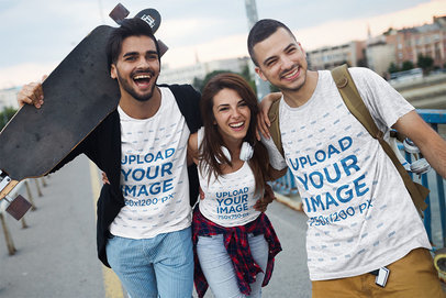 T-Shirt and Tank Top Mockup of Three Happy Friends Walking in the Street