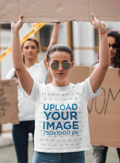 Mockup of a Woman with a T-Shirt at a Feminist Protest 
