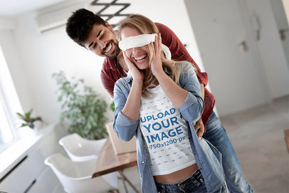 T-Shirt Mockup Featuring a Blindfolded Woman About to be Surprised 46490-r-el2