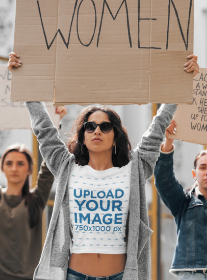 Mockup of a Woman Wearing a T-Shirt at a Feminist Meeting 