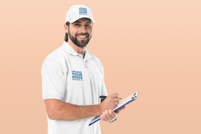 Polo Shirt and Dad Hat Mockup of a Delivery Man Holding a Clipboard 45704-r-el2