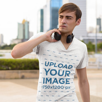 Heathered T-Shirt Mockup of a Man with Headphones on the Street