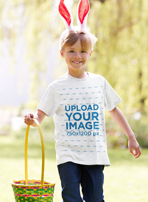 T-Shirt Mockup of a Boy Celebrating Easter Egg Hunt with Bunny Ears