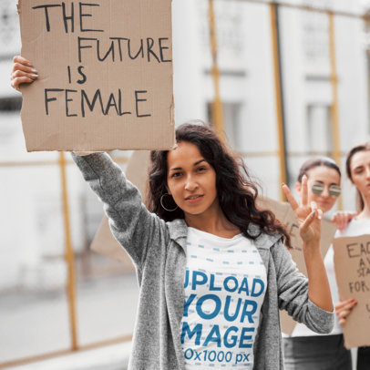 T-Shirt Mockup of a Woman in a Feminist Meeting