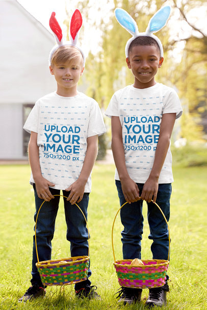 T-Shirt Mockup of Two Kids Celebrating Easter Eggs Hunt
