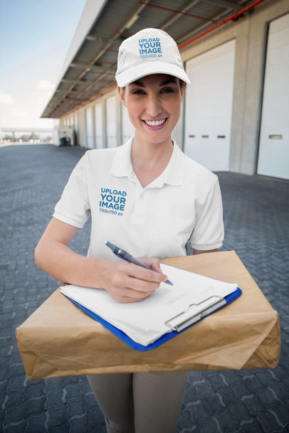 Polo Shirt and Dad Hat Mockup of a Delivery Woman at Work 40949-r-el2