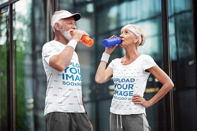 T-Shirt Mockup Featuring Two Athletic Seniors Drinking Water