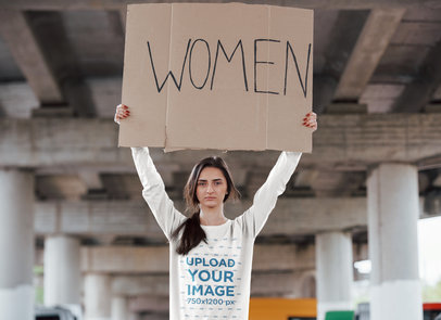 Sweatshirt Mockup of a Woman Holding a Sign with a Feminist Message 46749-r-el2