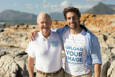 Polo Shirt and T-Shirt Mockup of Father and Son at the Beach