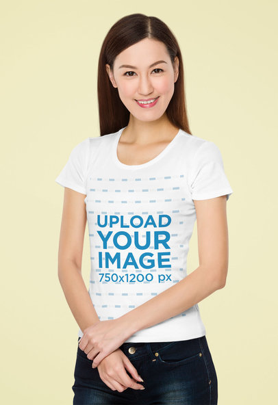 T-Shirt Mockup of a Straight-Haired Woman with a Plain Background