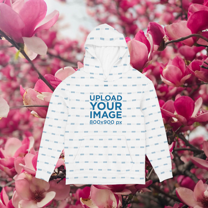 Sublimated Hoodie Mockup Featuring a Spring-Themed Background