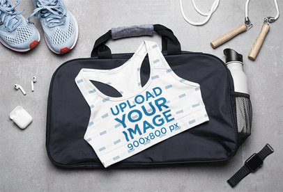 Sports Bra Mockup Featuring a Woman's Gym Equipment