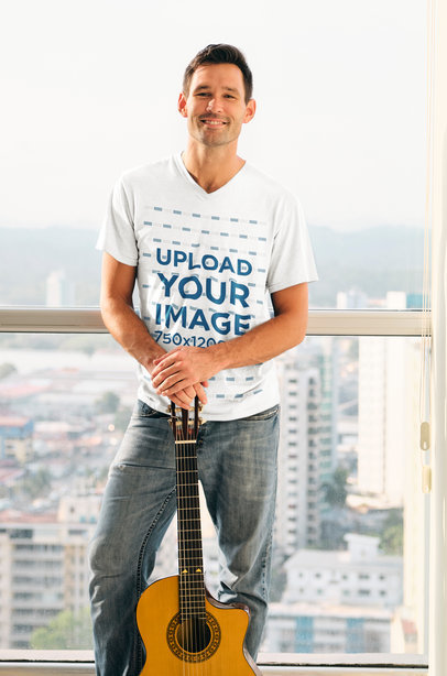 V-Neck Tee Mockup of a Guitar Player Posing in Front of a Window 40497-r-el2