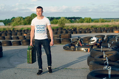 T-Shirt Mockup of a Muscular Man on a Go-Kart Track