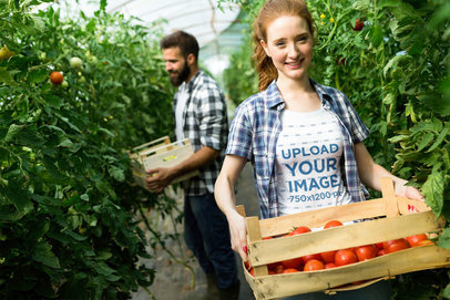 T-Shirt Mockup of a Happy Woman Carrying a Tomato Box 42568-r-el2