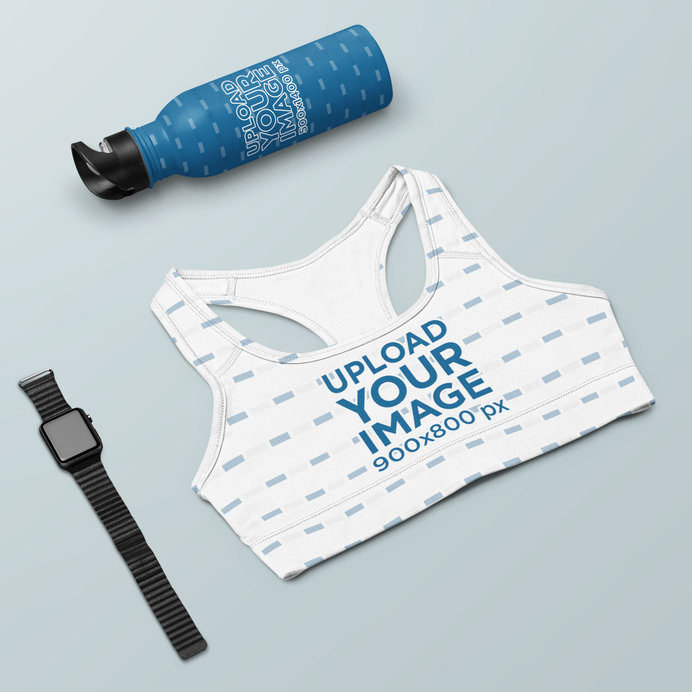 Mockup of a Sports Bra Featuring a Sublimated Aluminum Bottle