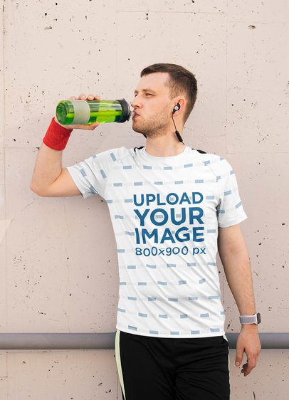 Sublimated T-Shirt Mockup of a Man Drinking Water 