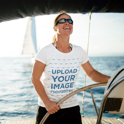 T-Shirt Mockup Featuring a Smiling Woman on a Fishing Boat