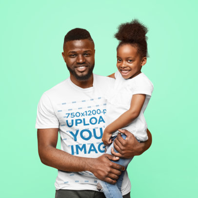 Crew Neck T-Shirt Mockup of a Happy Father and His Daughter Posing at a Studio