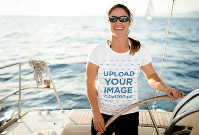 T-Shirt Mockup Featuring a Happy Woman on a Boat 