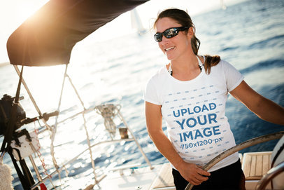T-Shirt Mockup Featuring a Woman With Sunglasses on a Fishing Boat 