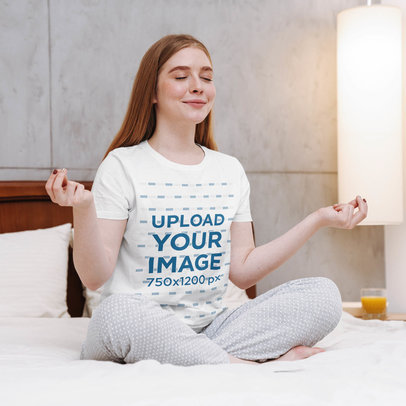 T-Shirt Mockup of a Red-Haired Woman Meditating in Her Bedroom 40308-r-el2