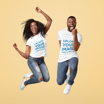 T-Shirt Mockup of a Man and a Woman Jumping in Front of a Colored Backdrop