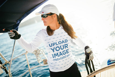 Long-Sleeve Tee Mockup of a Woman on a Boat 