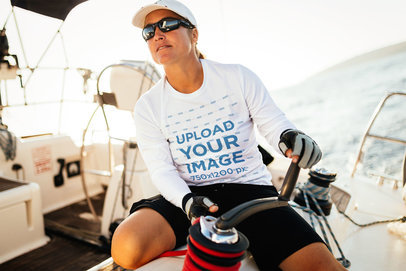 Long Sleeve Tee Mockup Featuring a Woman on a Fishing Boat 