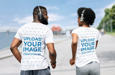 Back View Mockup of a Man and a Woman Wearing T-Shirts and Running by a River 40077-r-el2