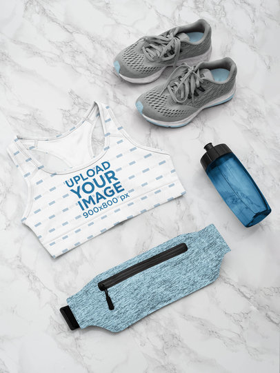 Sublimated Sports Bra Mockup Featuring Fitness Accessories 