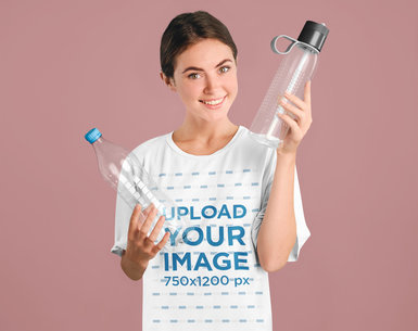 T-Shirt Mockup of a Woman Holding Some Bottles in a Studio 46173-r-el2