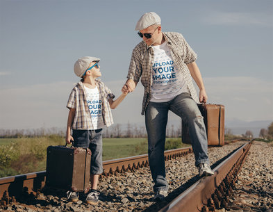 T-Shirt Mockup Featuring Dad and Son at a Railroad