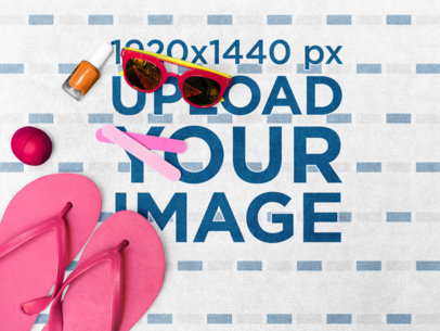 Beach Towel Template With Sunglasses and Pink Accessories on it