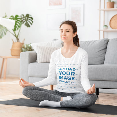 Long Sleeve Tee Mockup of a Woman Meditating in Her Living Room