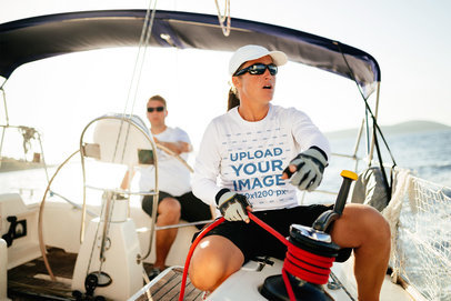 Long Sleeve Tee Mockup Featuring a Woman With Sunglasses on a Boat