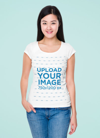 T-Shirt Mockup of a Smiling Woman with Long Hair at a Studio 