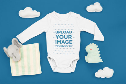 Mockup of a Baby Onesie with a Dinosaur Toy and an Elephant Plushie m1120