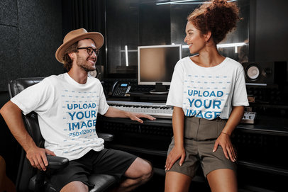 T-Shirt Mockup of Two Singers Hanging At a Recording Studio 39731-r-el2
