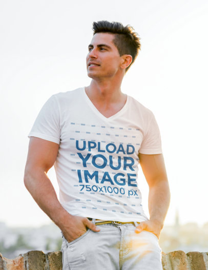 Mockup of a Man Posing with a V-Neck Tee