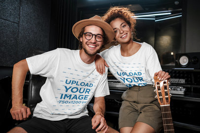 T-Shirt Mockup Featuring Two Happy Musicians at a Studio 