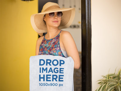 Young Woman Holding a Towel Template While Walking to the Beach