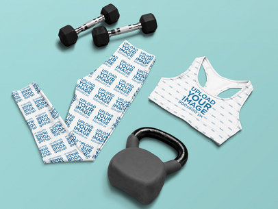 Sports Bra and Leggings Mockup Featuring a Kettlebell and Dumbbells