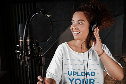 T-Shirt Mockup of a Curly-Haired Female Singer at a Music Studio 40208-r-el2