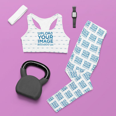 Mockup of a Pair of Leggings and a Sublimated Sports Bra by a Kettlebell